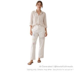 Artsy Patch Stitch White Straight Leg Jeans Indie Boho Casual Chic